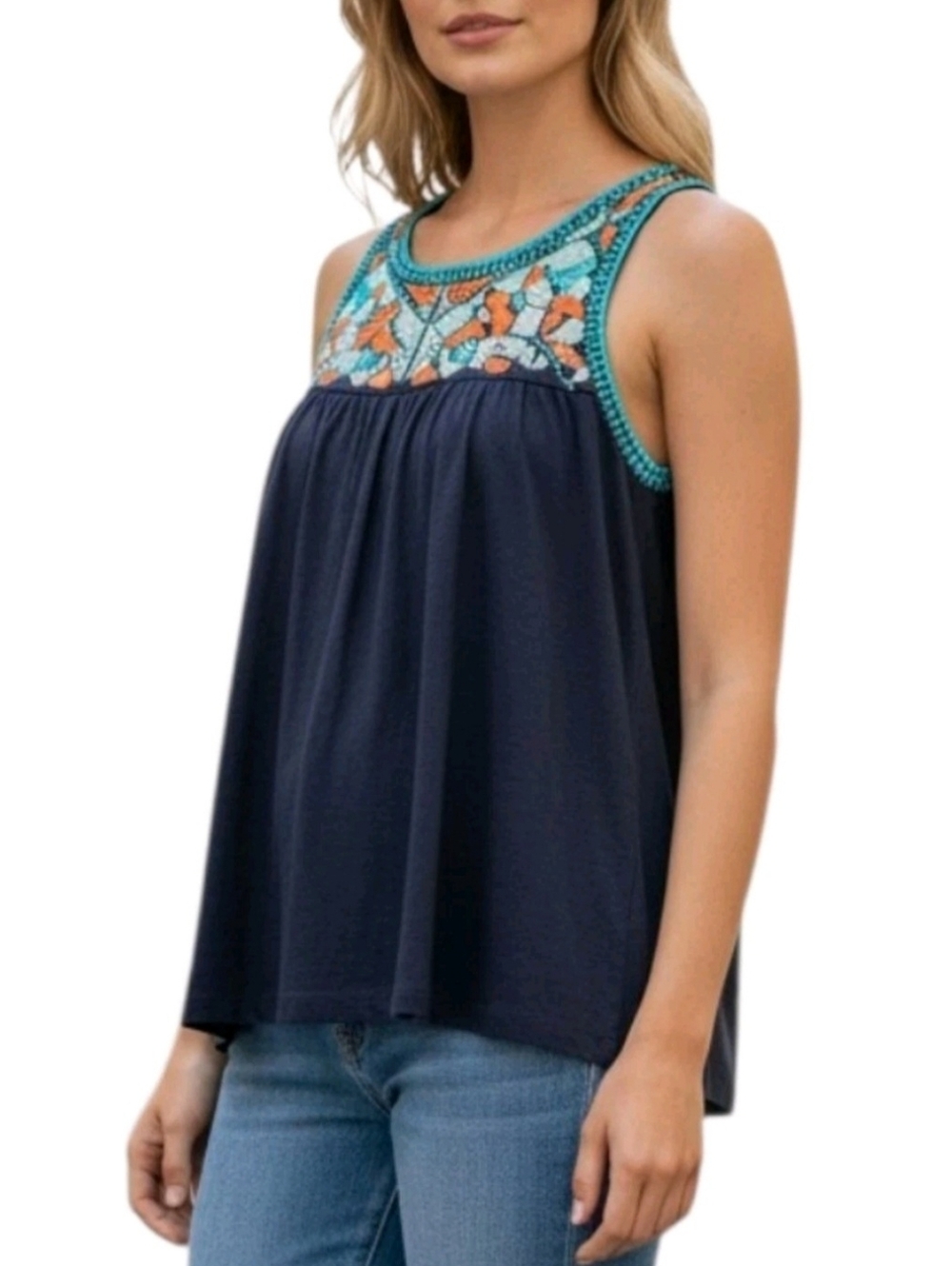 crown & ivy Navy Tank with Teal and Orange Embroidered Yoke Size 2X